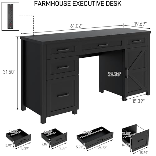 Farmhouse 61'' Executive Desk with 5 Drawers, Rustic Office Desk Computer Desk with Charging Station, File Drawers and Storage Cabinet, Wood Workstation for Study and Home Office,(Pure Black.)