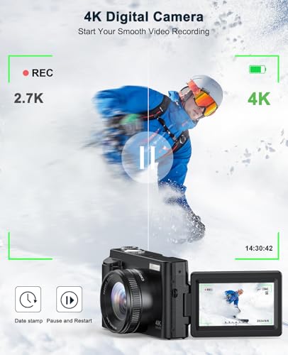 4K Digital Camera for Photography and Video, Autofocus Anti-Shake 48MP Vlogging Camera for YouTube, 3'' 180°Flip Screen Camera with Flash 16X Zoom, Digital Camera with 32GB Card Battery Charger Black
