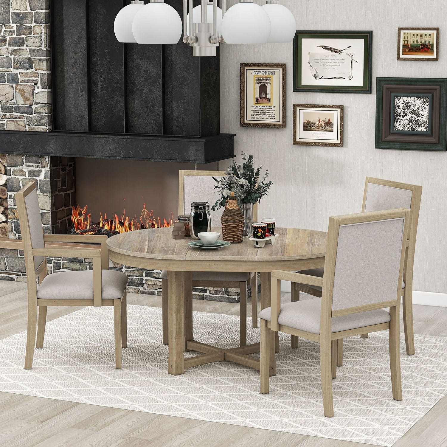 5-Piece Dining Table Set, Extendable Butterfly Leaf Wood Dining Table Natural Wood Wash