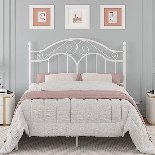 Elephance Full Size Metal Bed Frame with Vintage Headboard,11 Inches Storage Space Platform Bed No Box Spring Needed Easy Assembly,White