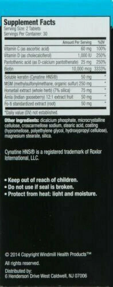 Windmill Hair Fare Vitamin Supplement Tablets Increase Hair Thickness 60 Count