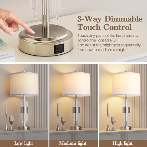 QiMH Table Lamp for Living Room with USB A+C Ports, Gold Bedside Lamps for Bedrooms Set of 2 with Touch Control, Modern Nightstand Lamp White Lamp Shade Home Office Decor (2700K LED Bulb Included)