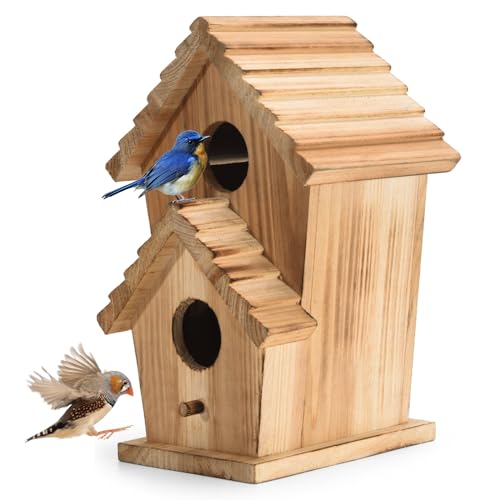Bird Houses for Outside, Wooden Outdoor 2 Hole Bird House, Can Accommodate 2 Bird Families Suitable for Bluebird,Finch,Cardinals, Garden Hanging Birdhouse No Assembly Required