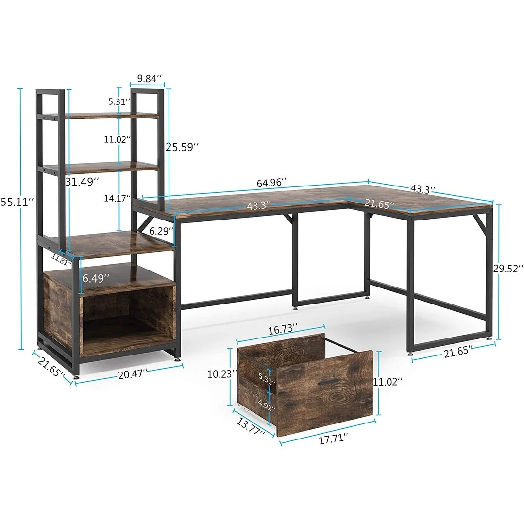 L-Shaped Computer Desk with 3 Tiers Bookshelves File Cabinet Drawer Light Brown Shelves Only