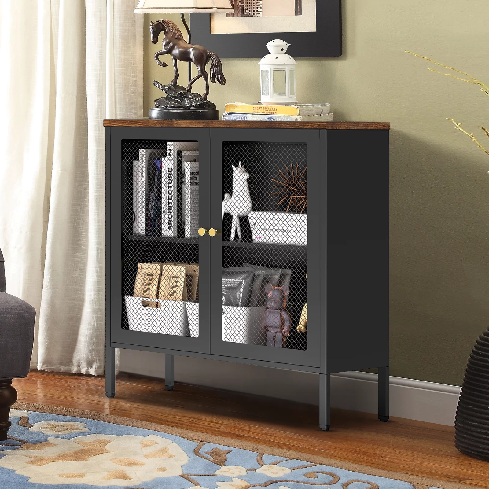 Kavey Metal Storage Cabinet with 2 Mesh Doors, Rustic Steel Storage Sideboard Accent Cabinet, with Adjustable Shelf and 2 Magnetic Mesh Doors, for Hallway, Entryway, Bathroom, Living Room, Bedroom