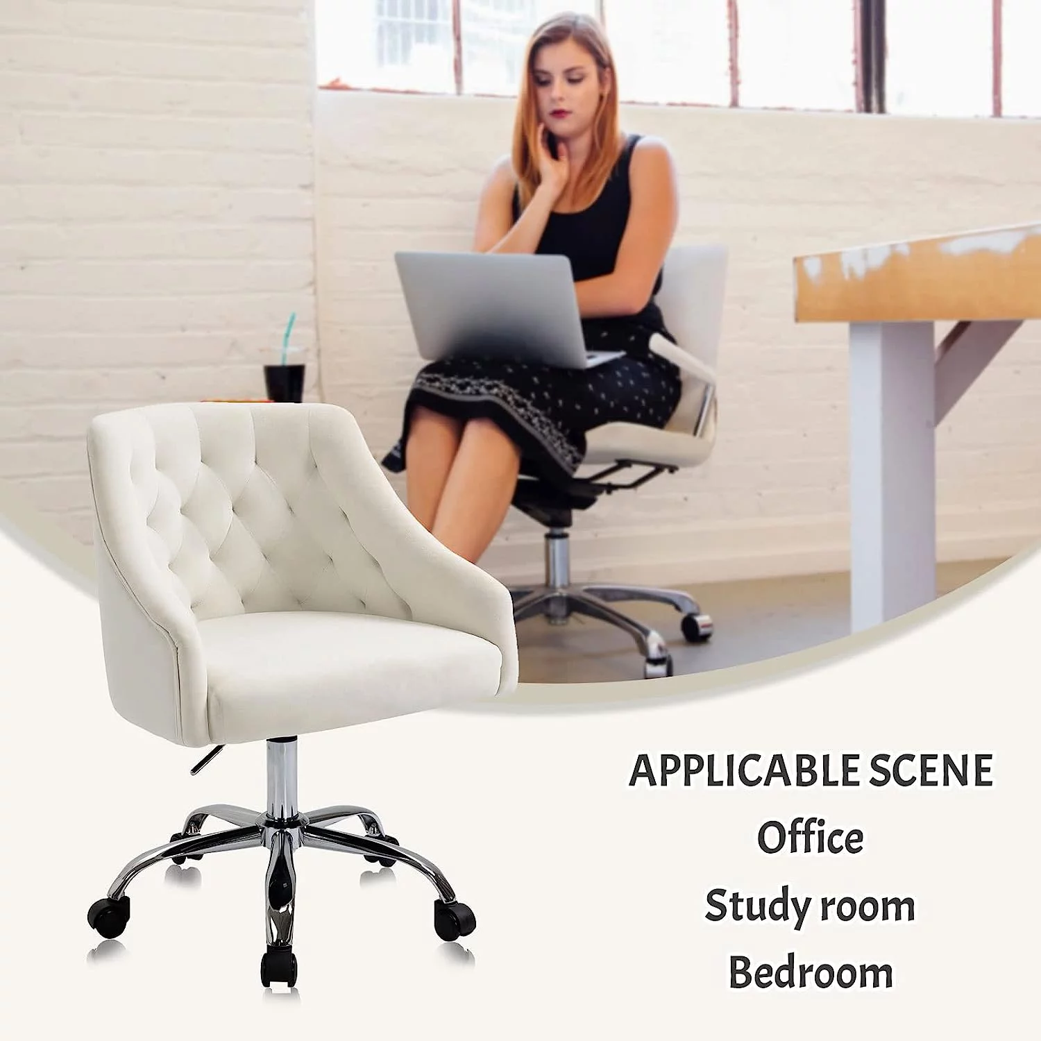 MOJAY Modern Velvet Office Chair with Swivel Function and Adjustable Height, White