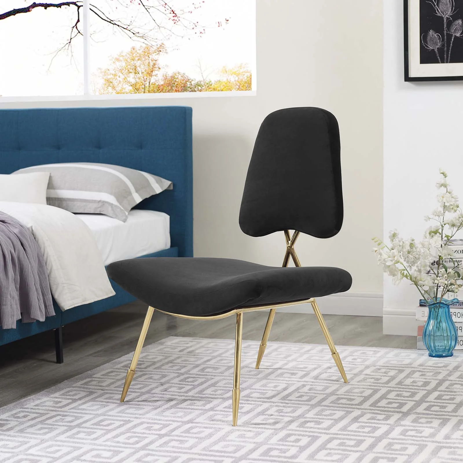 Modern Contemporary Urban Design Living Room Lounge Club Lobby Accent Chair, Velvet Fabric Metal Steel, Black