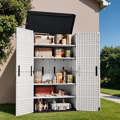 Greesum Outdoor Horizontal Storage Sheds 27 Cu.ft Resin Large Storaged Box Weather Resistance, Without Shelf, Easy to Assemble, Prefect for Garden, Patios, Backyards, Beige