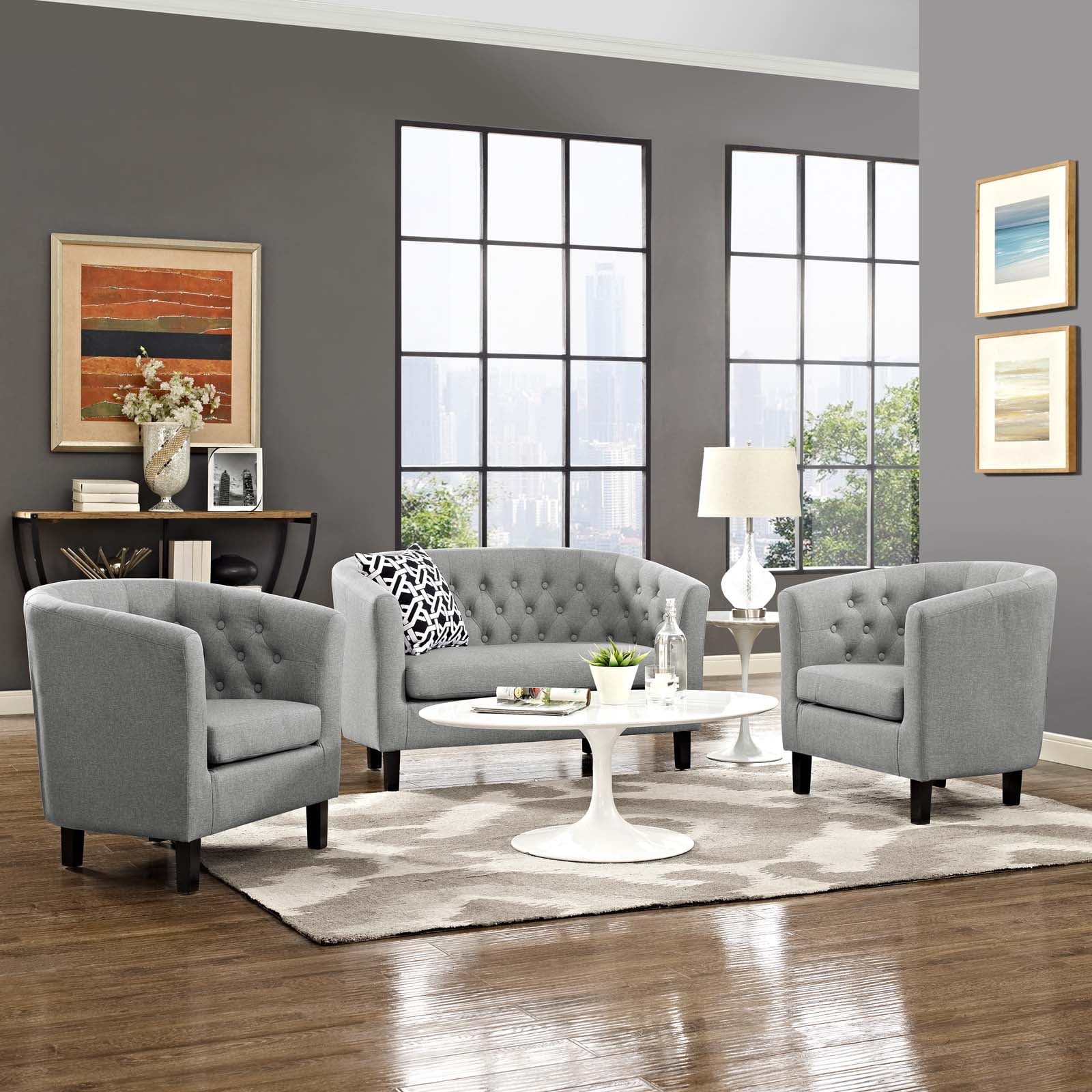 Modway Prospect 3 Piece Upholstered Fabric Loveseat and Armchair Set in Light Gray
