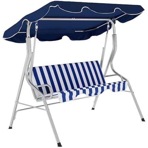 Outsunny 3-Person Porch Swing with Canopy, Patio Swing Chair, Outdoor Canopy Swing Bench with Adjustable Shade, Cushion and Steel Frame, Dark Blue & White Striped