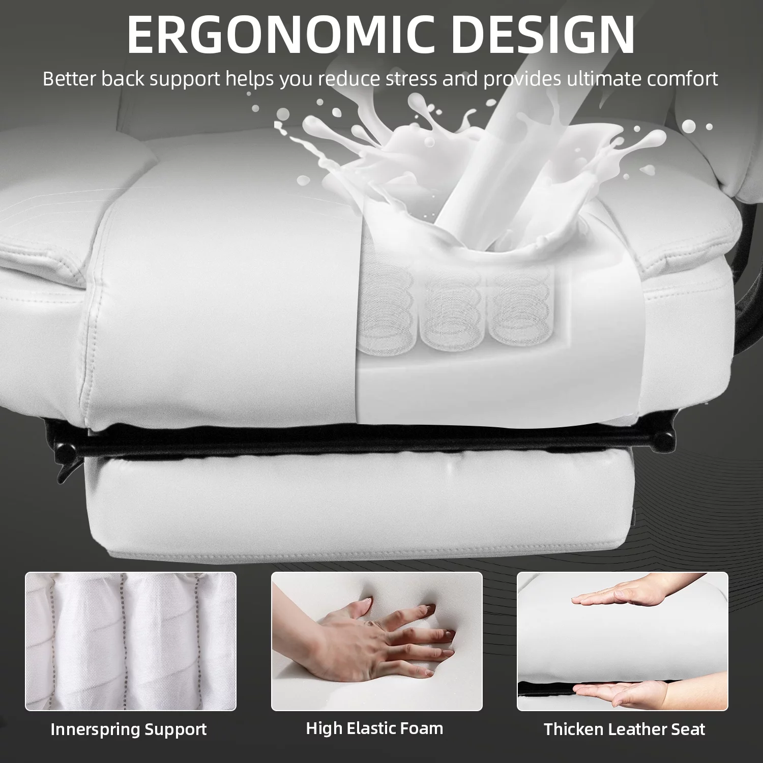 SeekFancy High Back Executive Office Chair, Ergonomic PU Leather Office Chair Heavy Duty Computer Desk Chair Reclining Office Chair with Footrest, White