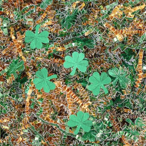 Gloreyan 8.8oz Christmas Crinkle Cut Paper Shred, Xmas Metallic Red Green Raffia Paper Sherd Filler Grass with Christmas Confetti for Gift Wrapping Basket Filling Birthdays Weddings Party Supply