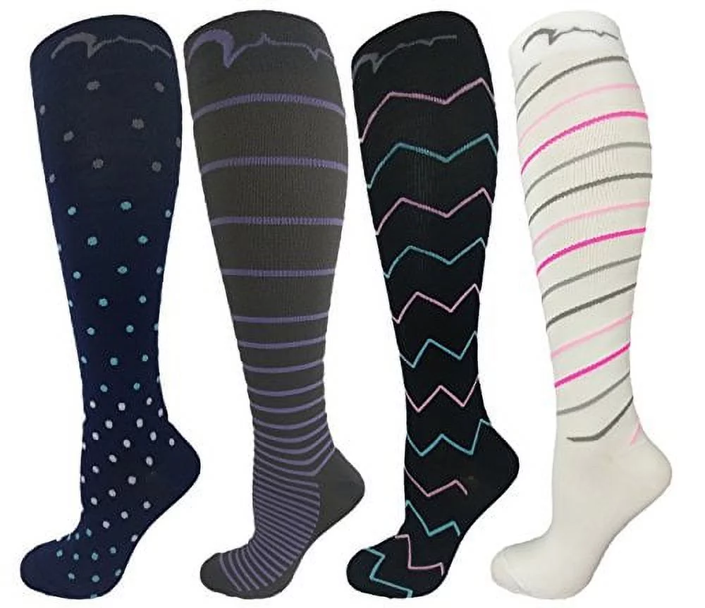 4 Pair Large/X-Large Colorful Compression Sock (Fits Large Calves!) Medium Graduated Compression 15-20 mmHg, For Men and Women. Therapeutic, Occupational, Travel & Flight Knee-High Hosiery. (1st) US