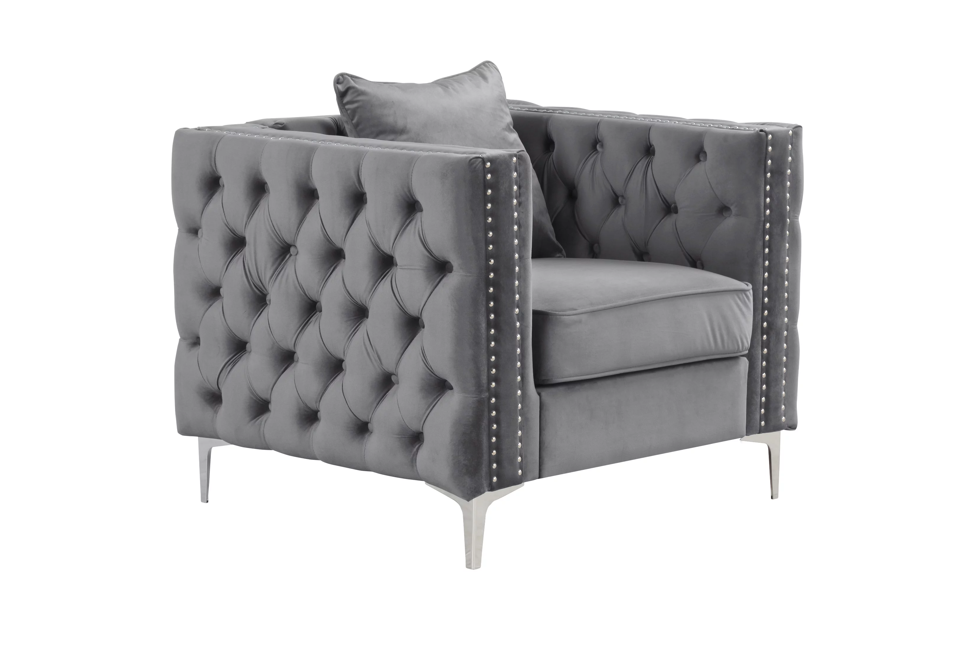 Alexandria - Gray Velvet fabric 3 Pieces Living room Set - 1 Loveseat and 2 Armchairs.
