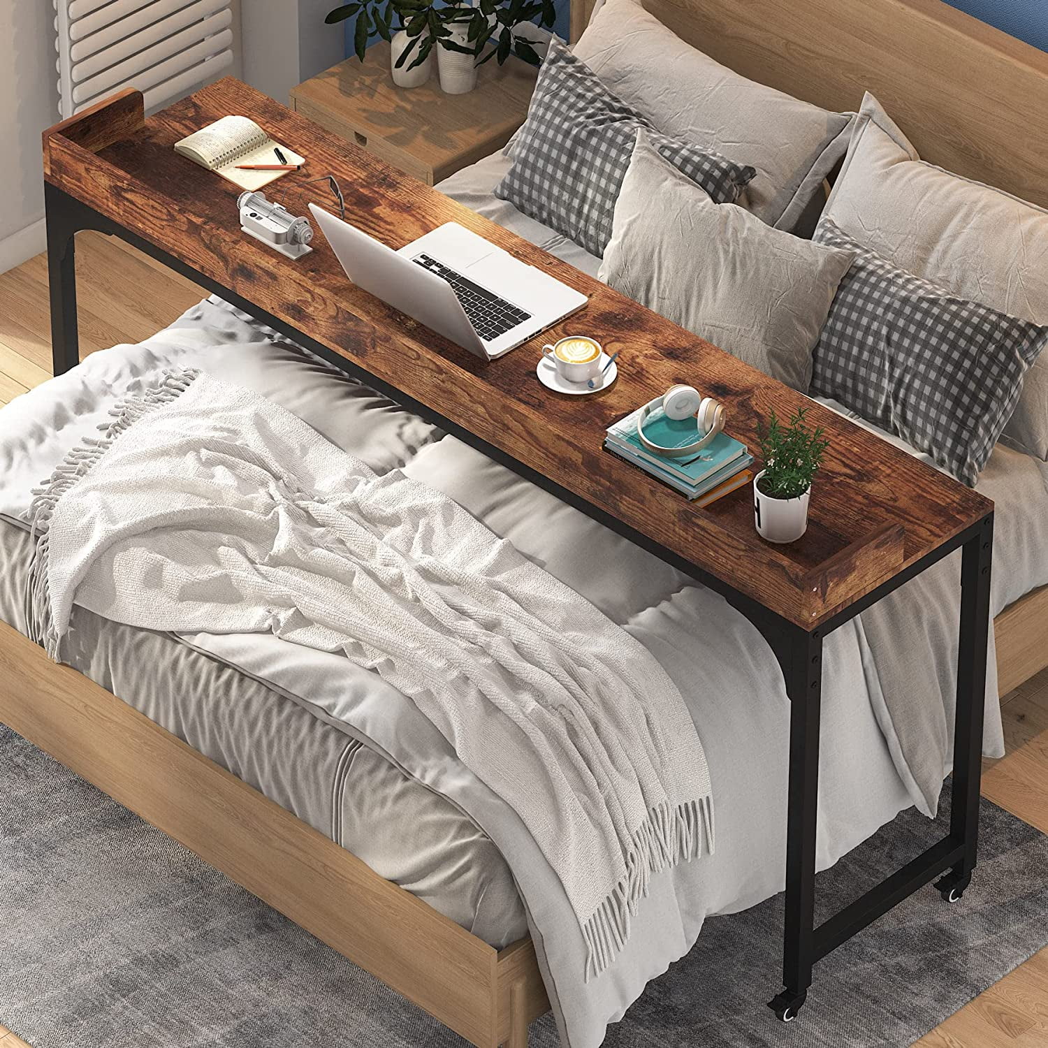 Tribesigns Brown Overbed Table with Wheels 70.8