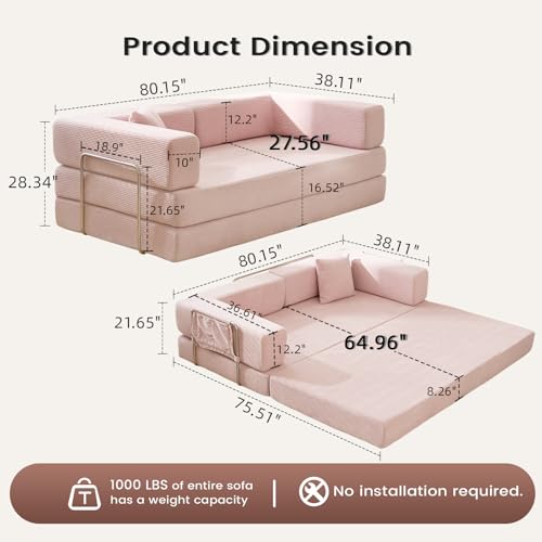 Convertible Sleeper Sofa Bed No Assembly Corduroy Upholstered Green Modular Floor Couch Queen/King Size Foldable Futon with Memory Foam for Apartment Living Room Bedroom (Off White)