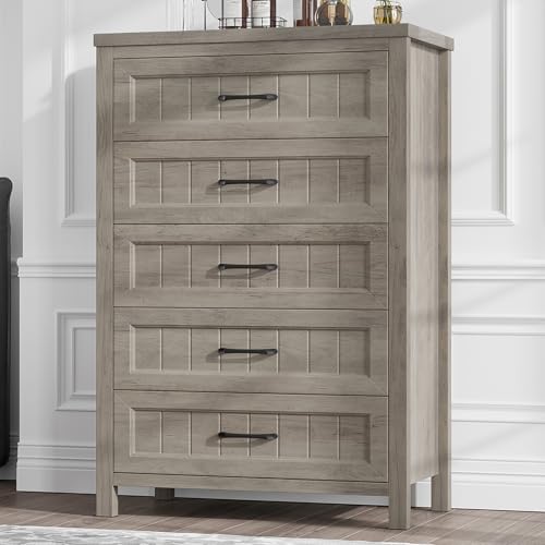 5 Drawer Dresser for Bedroom, Farmhouse Dresser with Deep Drawers, Tall Grey Dresser Wooden Dresser Chest of Drawers for Living Room, Hallway, Entryway (Grey, 5 Drawer)