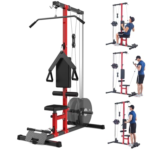 LAT Pulldown Machine, Multi-Functional Cable Machine with High and Low Pulley Station, Row Cable Machine Home Gym with Leg Support, Tricep Workout Equipment