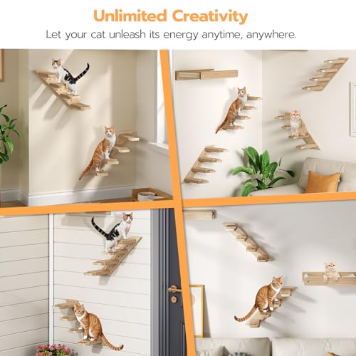 HOOBRO Cat Wall Shelves Set of 2, Wood Wall Mounted 4-Level Cat Wall Steps, Cat Wall Climber Furniture, Cat Climbing Shelves with Jute Scratching Steps, for Cat Perches and Platforms, Nature NL42CS03