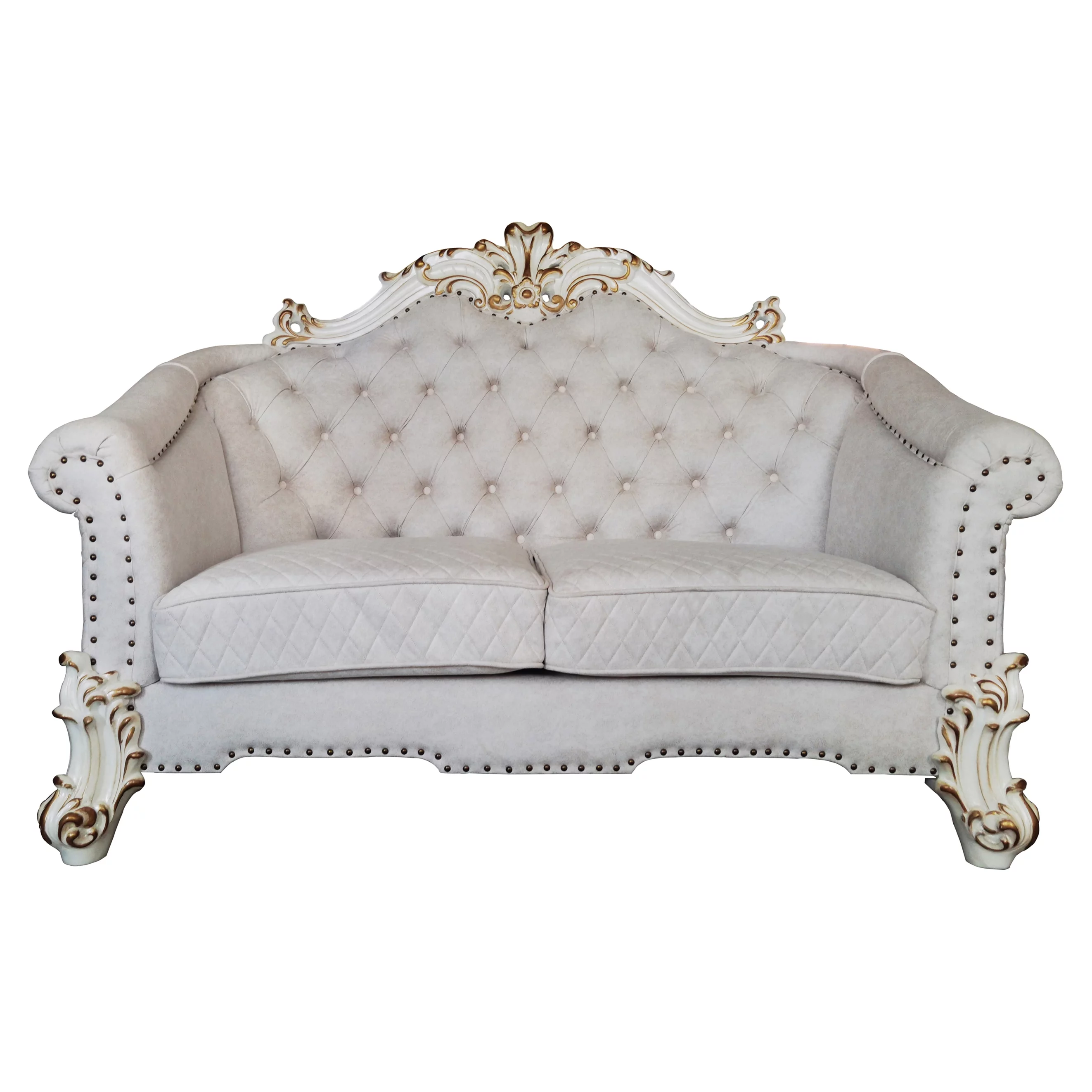 ACME Vendome II Loveseat with 4 Pillows in Ivory Fabric and Antique Pearl