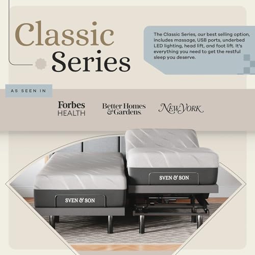 Sven & Son Classic Adjustable Bed Base, Head and Foot Lift, Massage, Under-Bed Lights, USB, Gel Memory, Zero Gravity Smart Frame - Split King + 14 inch Hybrid Spring Matt (Medium Soft)