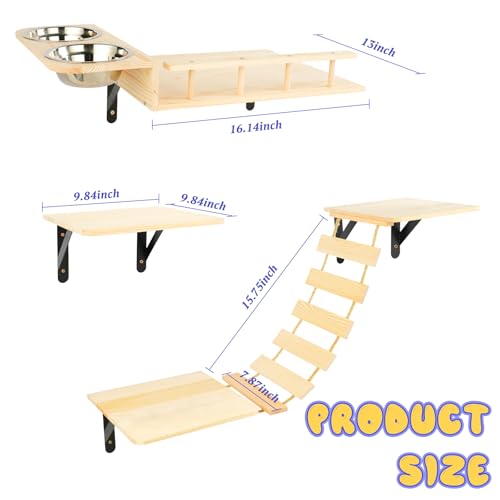 Cat Wall Shelves - Set of 5 Cat Wall Furniture, Cat Shelves and Perches for Wall, Indoor Cat Climbing Shelf with 2 Cat Food Bowls, 1 Bridge Ladder & 3 Cat Wall Steps