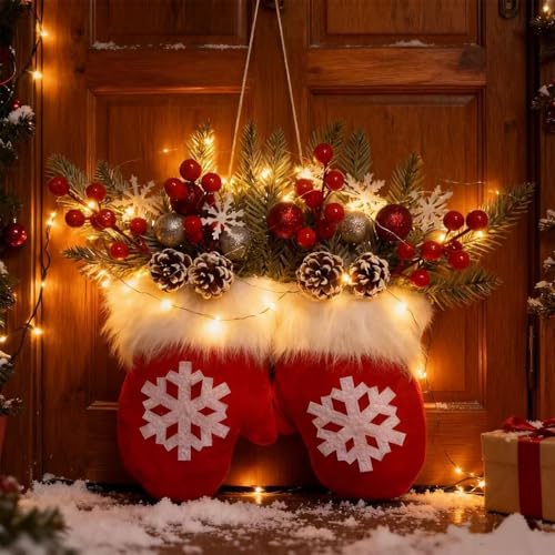 Twinkling Christmas Mitten Wreath with 120 LED Lights, Constant and Flashing Light Modes, 8-Hour Timer and 16-Hour Power-Off, Front Door Artificial Garland with Faux Pine Branches (2 PCS Gloves)