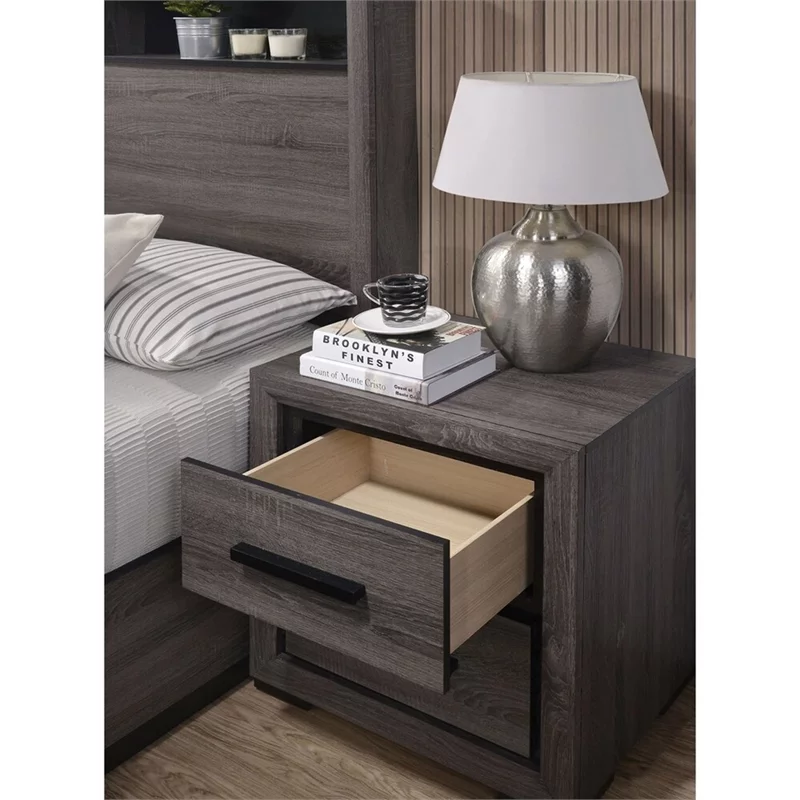 FOA Drummond 3-Piece Gray Wood Panel Bedroom Set - Cal King + 2 Nightstands