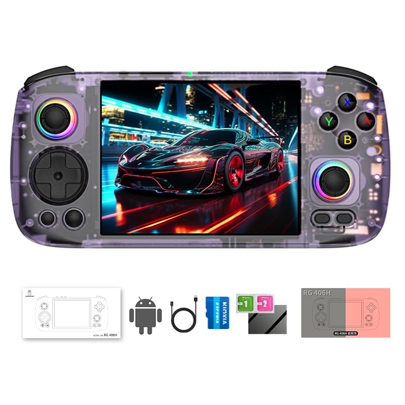 RG 406H Retro Handheld Game Console with 4-inch IPS Screen RGB Lighting Handheld Retro Gaming Console with Android 13 System and 128G TF Card 5000mAh Battery white