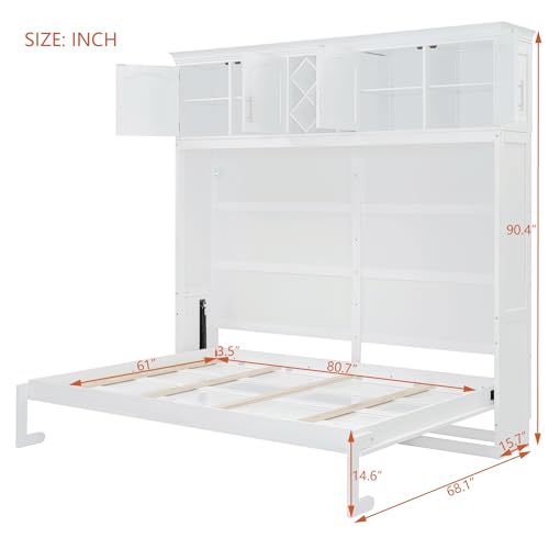 Merax Queen Size Murphy Wall Bed, with Top Cabinets & Wine Rack Space-Saving Foldable Ideal for Guest Rooms, Home Offices, Small Apartments, White