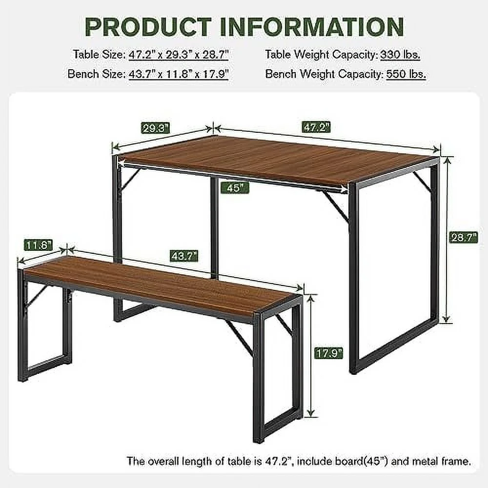TJUNBOLIFE Dining Table Set for 4-6 Modern Rustic Table with Metal Frame and Wood Board for Kitchen & Dining Room with Benches Space-Saving Dinette for Small Space Black&Walnut  3