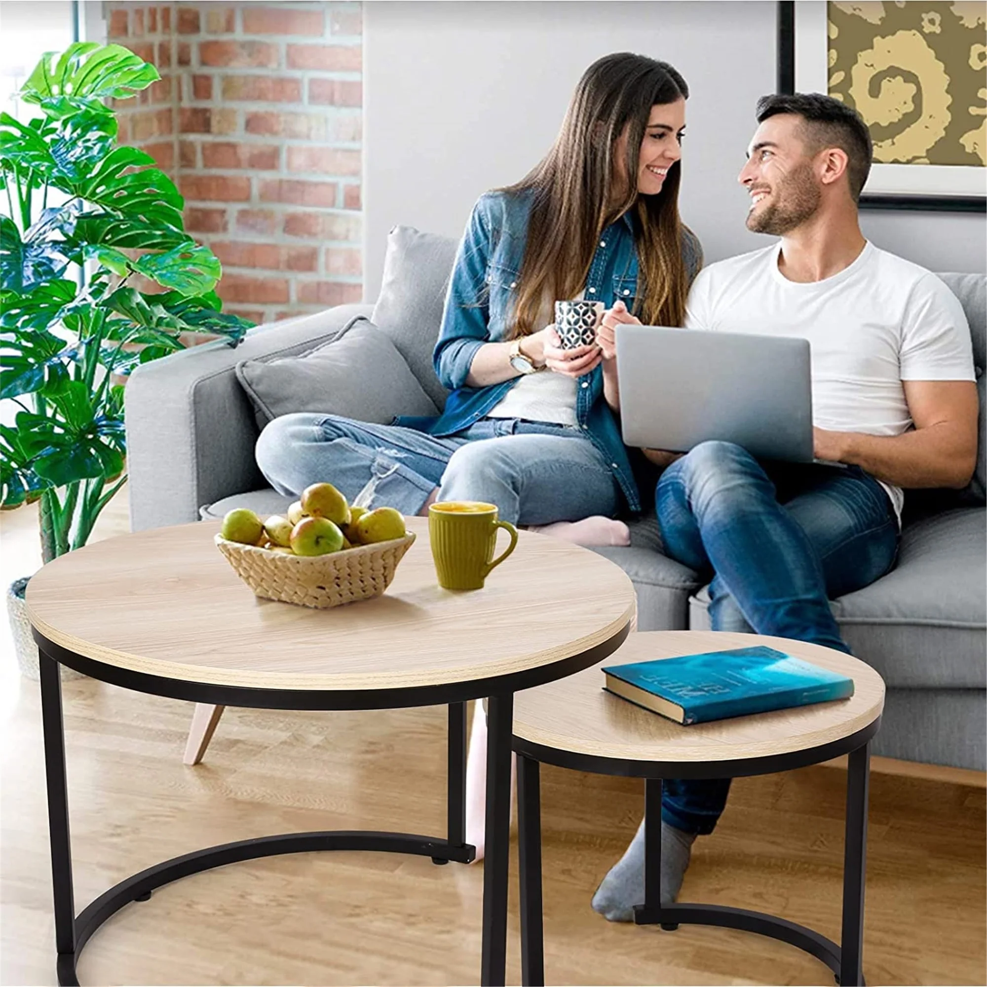 Modern Round Nesting Tables with Metal Frame (Set of 2) (White & Black)