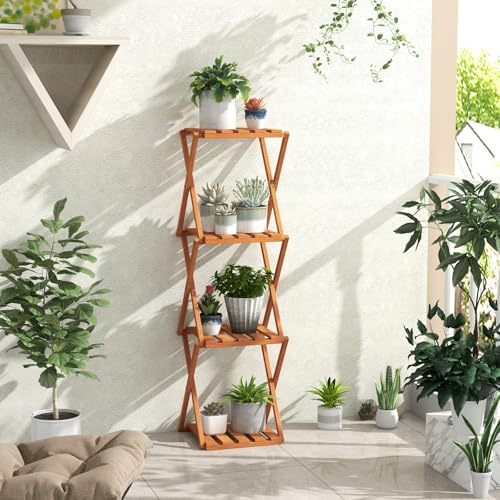 Giantex 4-Tier Foldable Plant Stand, Wooden Folding Display Rack with Sturdy X-shaped Structure, Corner Plant Shelf for Yard Garden Patio Balcony Bedroom, No Assembly Required