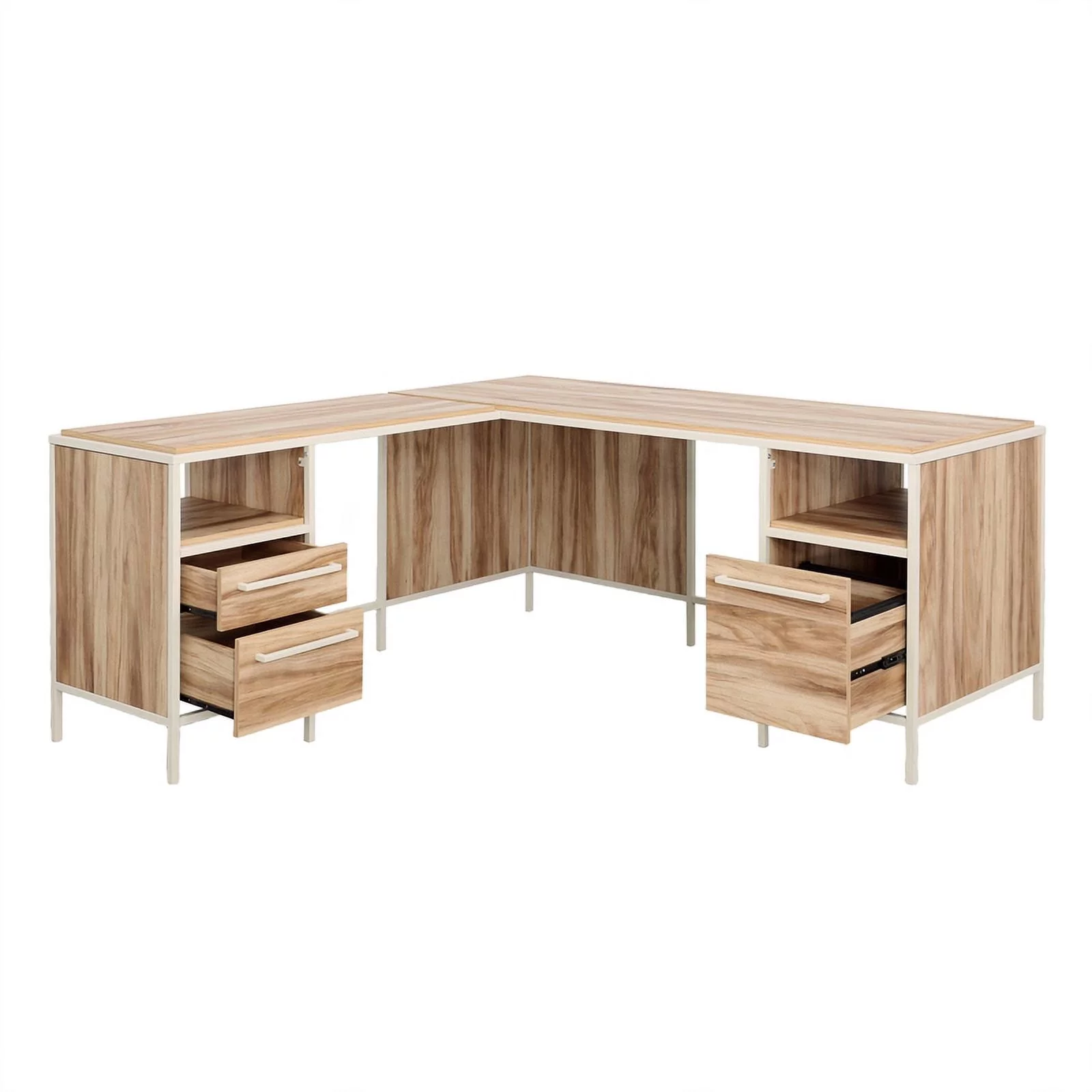Pemberly Row Engineered Wood L-Desk in Kiln Acacia / Brown Finish