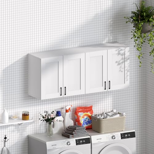 White Laundry Room Cabinets and Storage with 4 Doors and Utility Adjustable Shelf，Gabinetes Para Cocina Cupboard Kitchen Organizers and Storage Pantry Wall Mounted 12.4