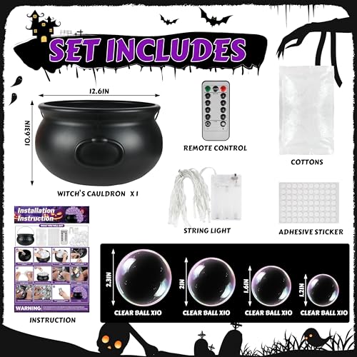 Halloween Witches Cauldron Decorations, DIY Bubbling Large Cauldron Bowl Set with Clear Plastic Balls and String Light for Halloween Hocus Pocus Party Indoor Outdoor Decor