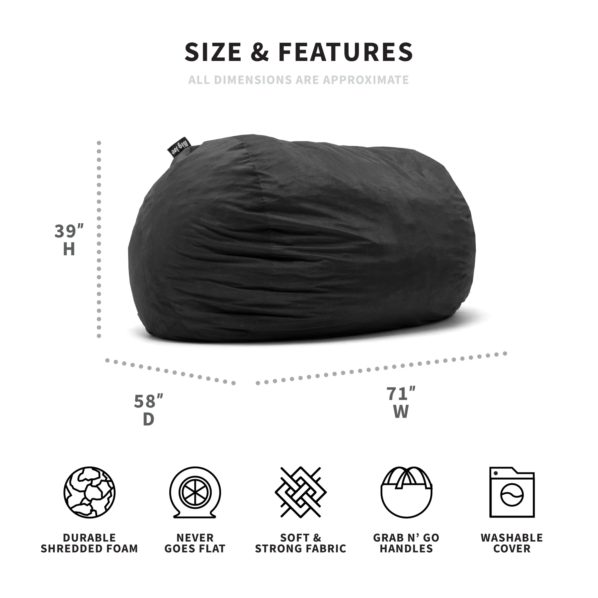 Big Joe Fuf XXL Foam Filled Bean Bag Chair with Removable Cover, Black Lenox, 6 feet Giant