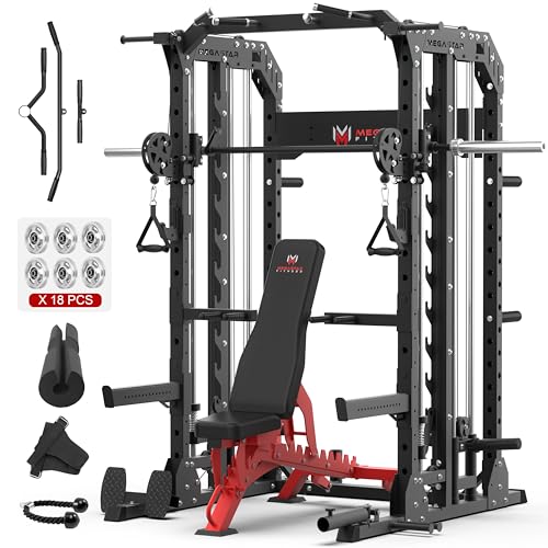Smith Machine Home Gym with Aluminum Pulley Set - 2000lbs Capacity All-in-One Power Rack with Cable Crossover, Pull-Up Bar & Dip Station, Includes 18 Attachments, P107 Anvil