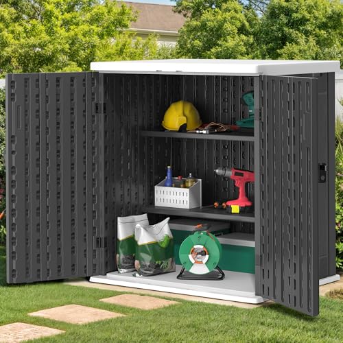 YITAHOME Outdoor Storage Cabinet with 2 Shelves, Waterproof Resin Horizontal Tool Shed, Lockable 15 cu. ft. Storage Shed for Patio, Garden, Yard, Dark Gray