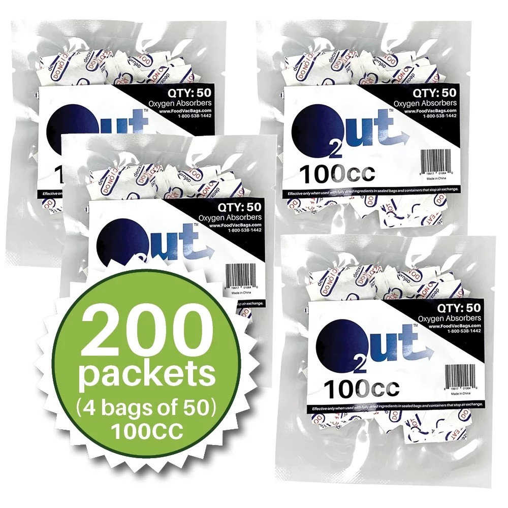 100cc O2 Out Oxygen Absorbers, 200 Pack (4 Packs of 50), FoodVacBags Oxygen Absorbers