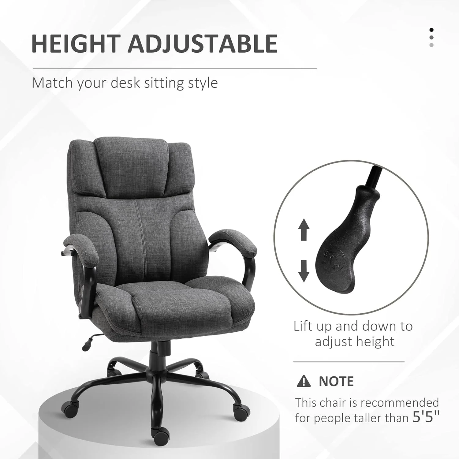 500Lbs Big And Tall Office Chair With Wide Seat, Ergonomic Executive Computer Chair With Adjustable Height, Swivel Wheels And Linen Finish, Dark Grey
