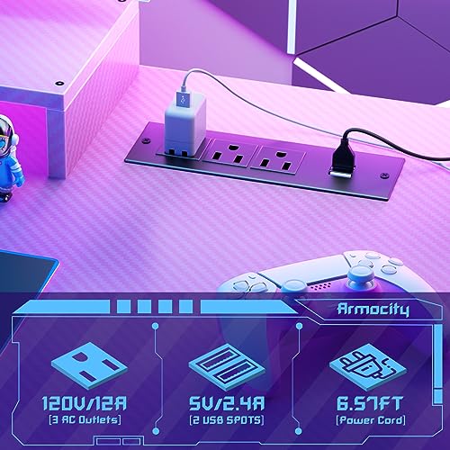 Armocity Gaming Computer Desk with Shelves and Outlets, Gaming Desk with Hutch and LED Lights, Reversible PC Gaming Desks with Pegboard, Carbon Fiber Black 47''