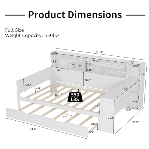 Corner Twin Bed Frame with Bookcase Storage and Desk, Wood Day Beds with 2 Drawers, Twin Size Daybed with Storage for Living Room,Bedroom & Guest Room, Natural