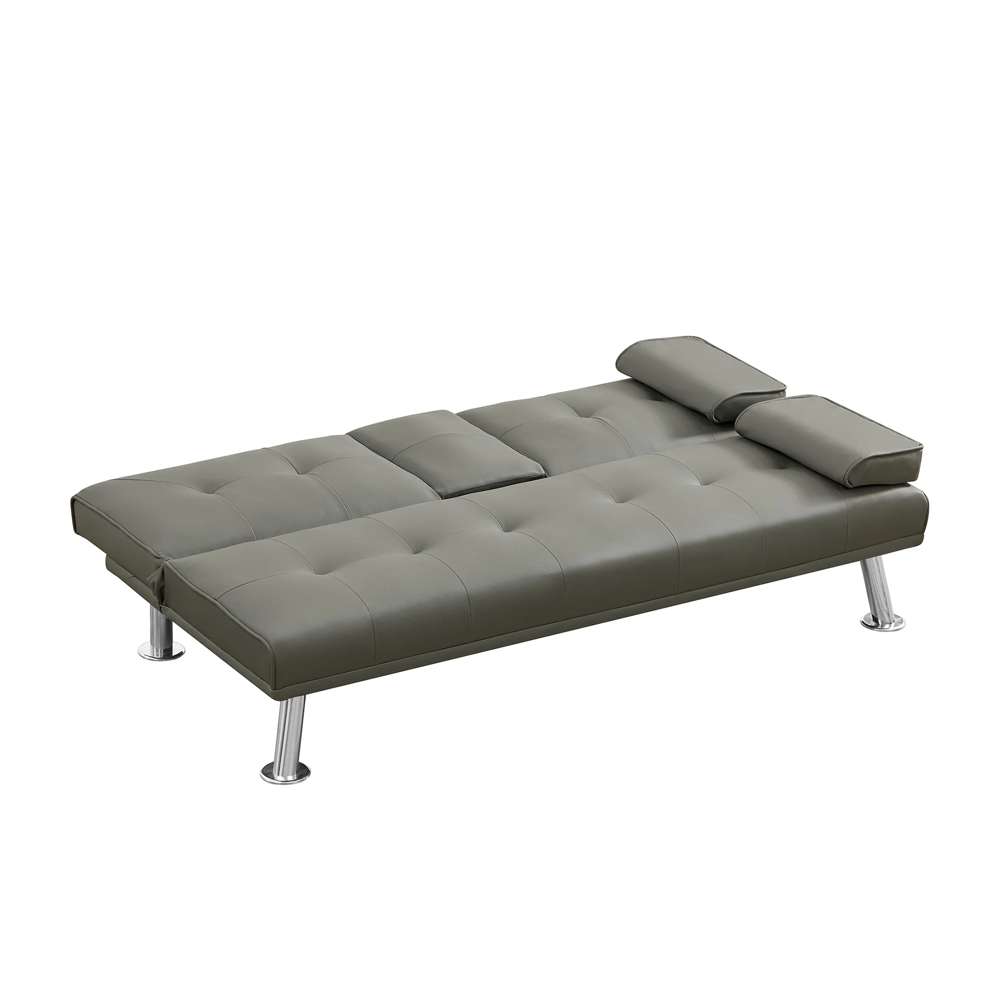 Gray Faux Leather Loveseat Sofa Bed with Cup Holders , Convertible Folding Sleeper Couch Bed