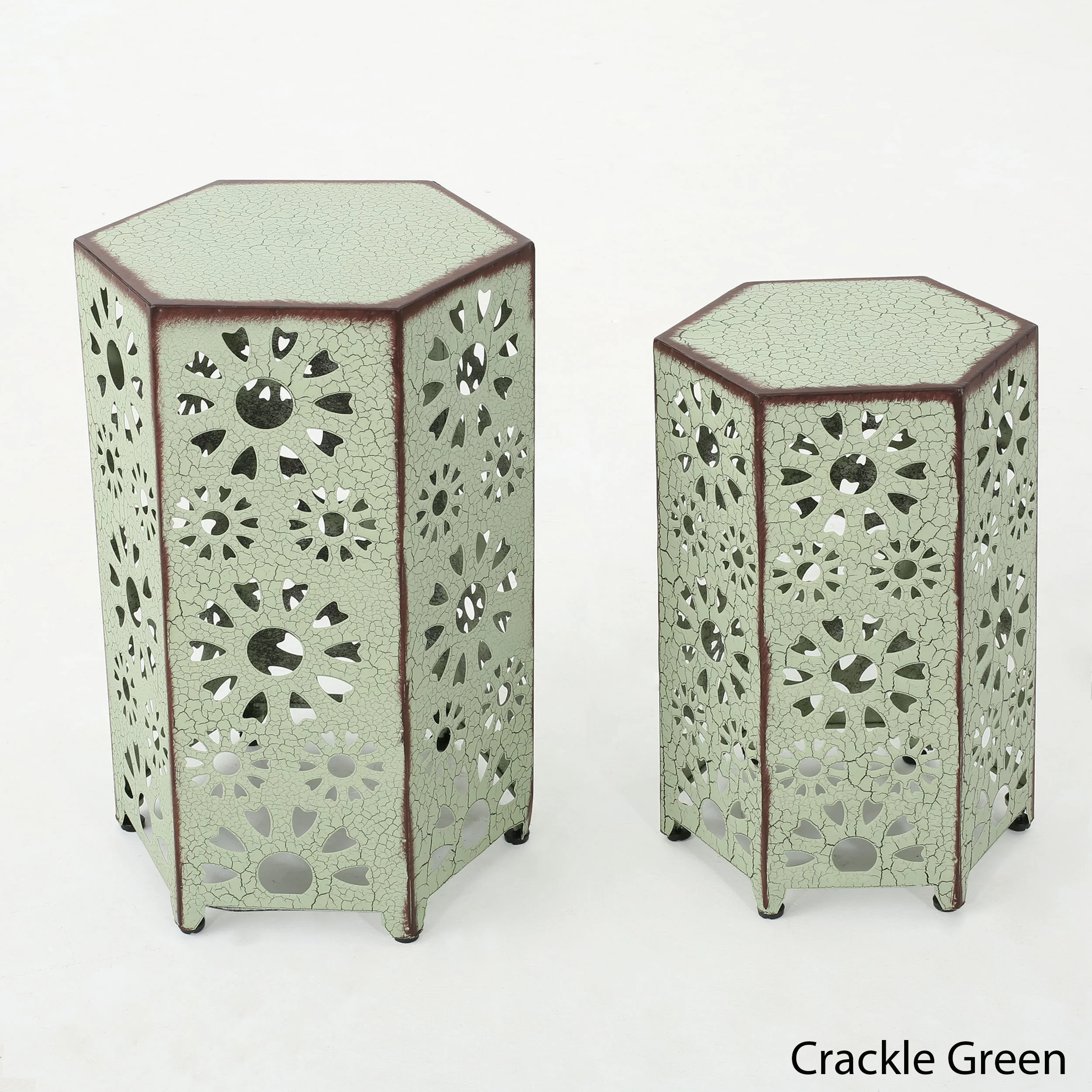 Noble House Vania 12 Inch and 14 Inch Sunburst Iron Side Table Set, Crackle Green