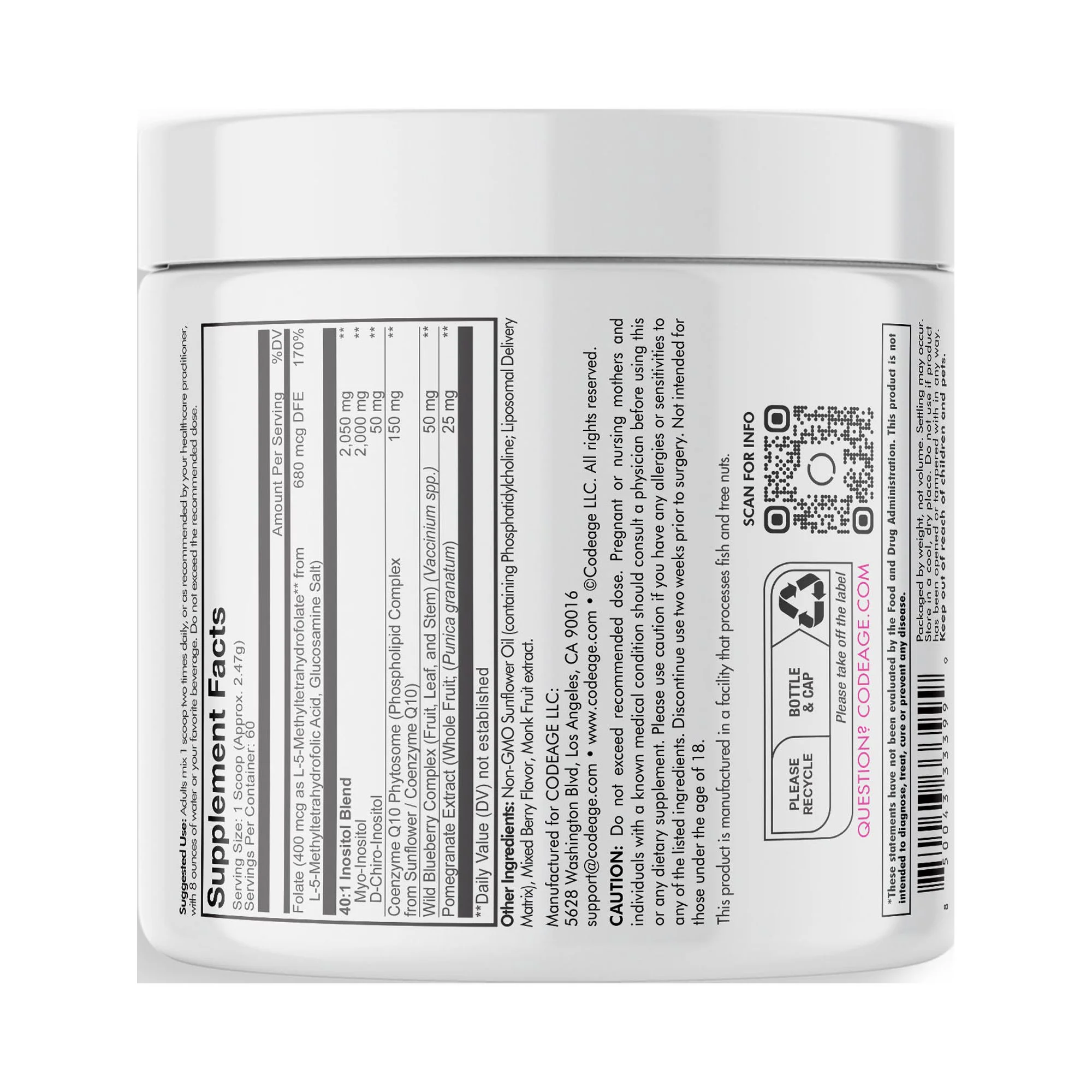 Codeage Liposomal Ovarian Inositol Powder, Myo & D-Chiro-Inositol, Folate, CoQ10 Phytosome, 5.2 oz