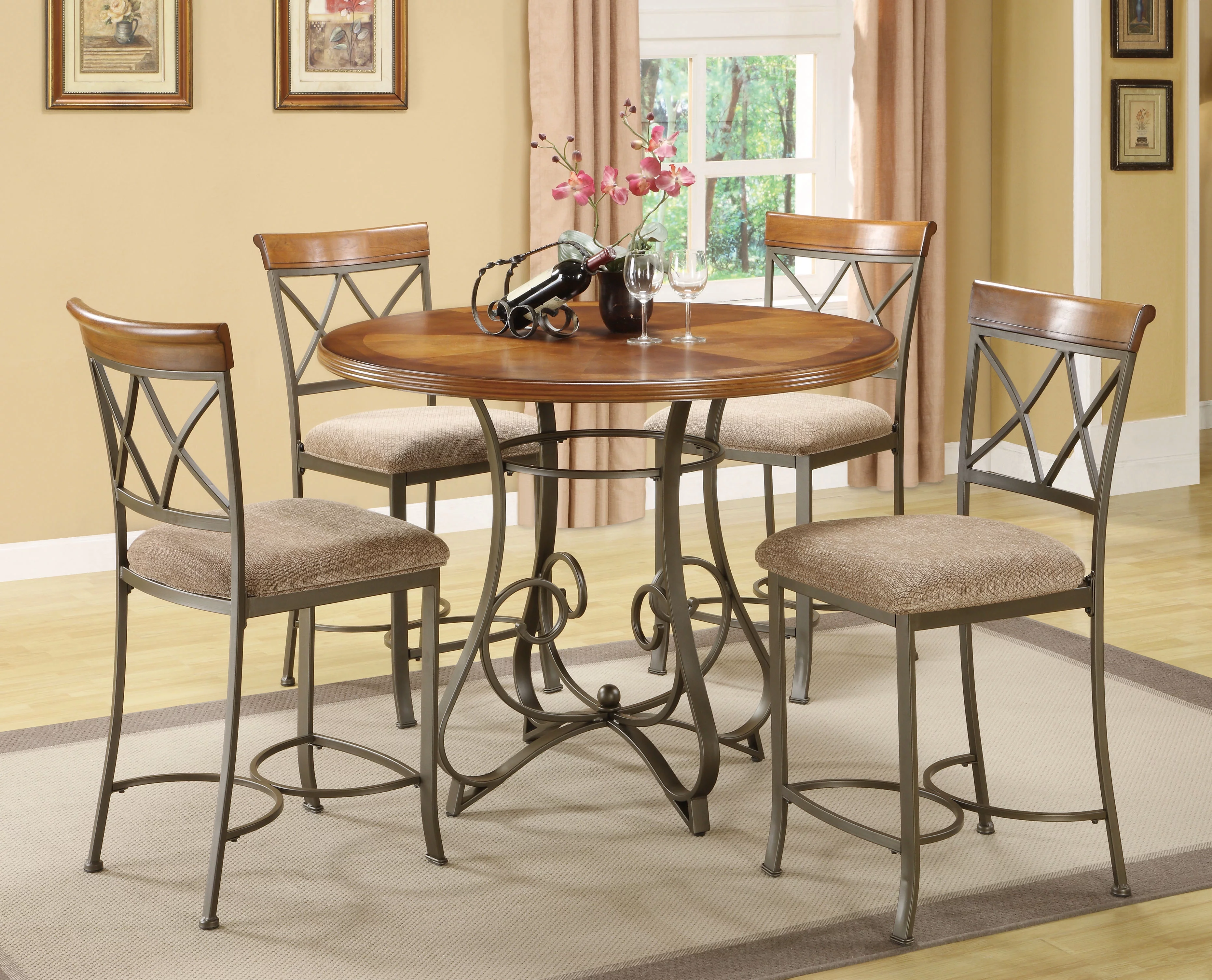 Powell 5 Piece Hamilton Gathering Set with Stationary Counter Stools, Cherry