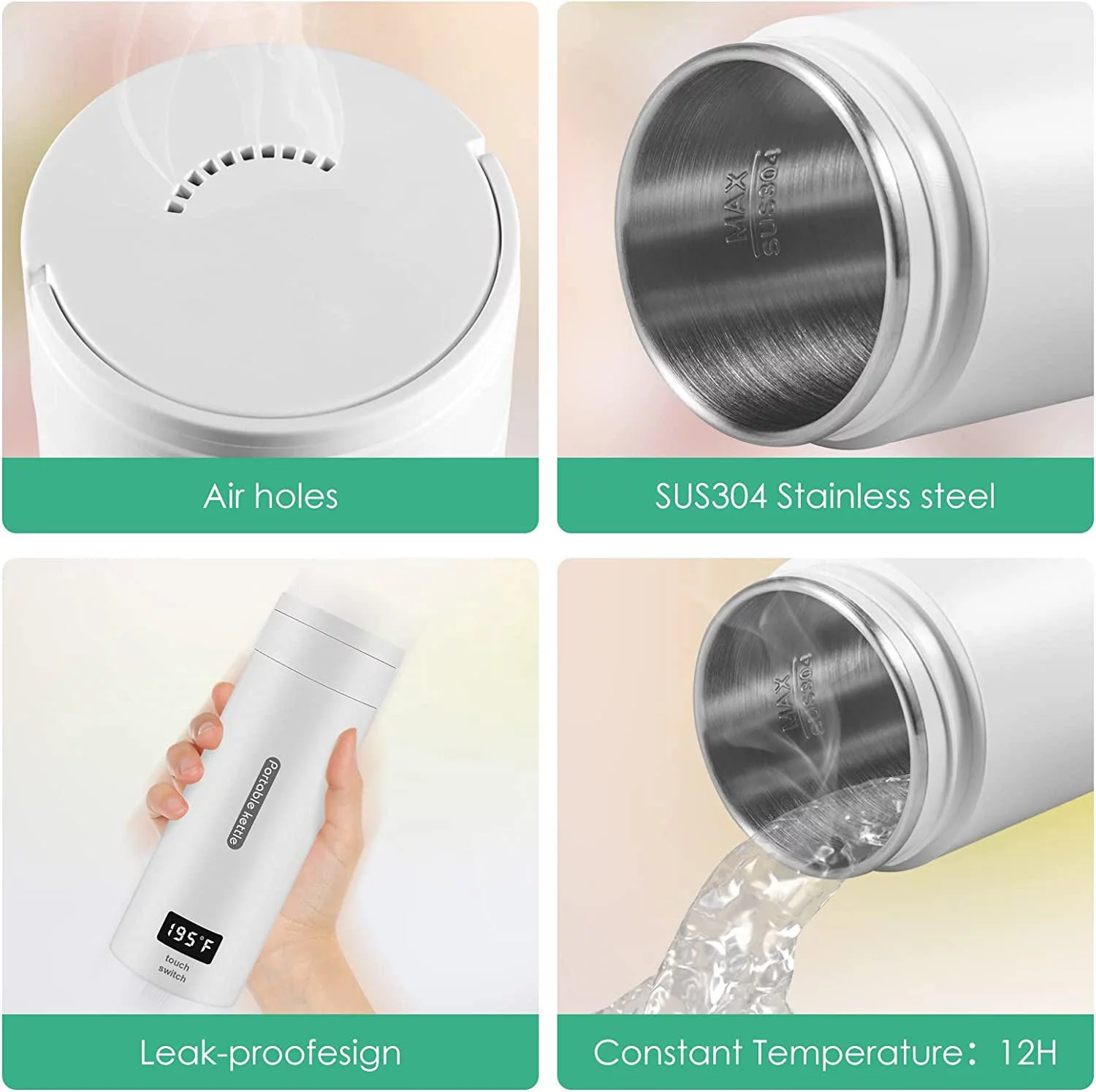 2Z Travel Portable Electric Kettle, 380ML Small Mini Coffee Tea Kettle, One Cup Hot Water Maker with Auto Shut-Off, 304 Stainless Fast Water Boiler with four-speed temperature adjustment