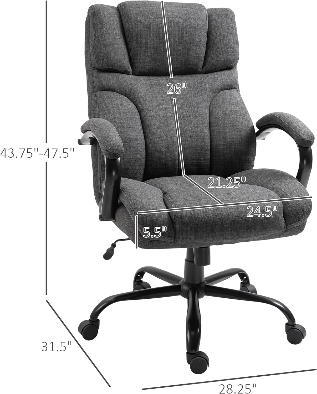 500Lbs Big And Tall Office Chair With Wide Seat, Ergonomic Executive Computer Chair With Adjustable Height, Swivel Wheels And Linen Finish, Dark Grey