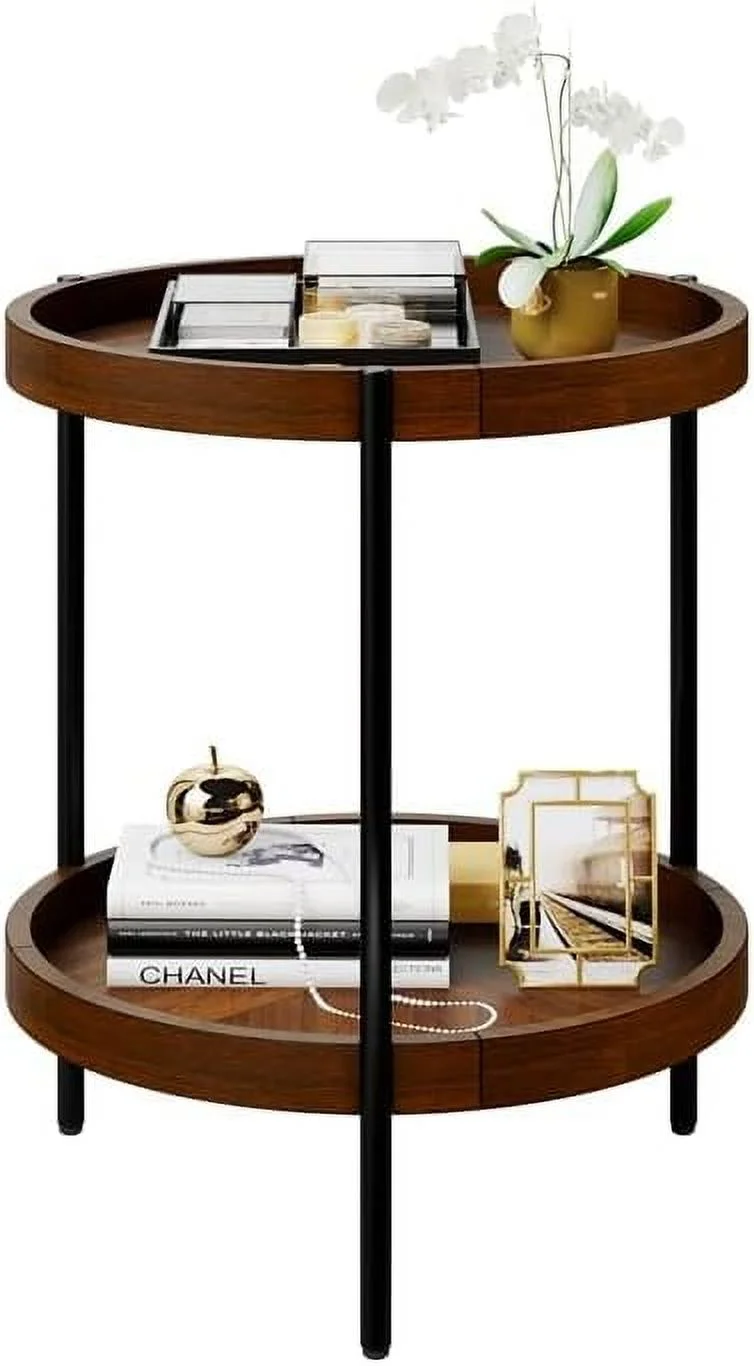 Round Side Table, 2-Tier Retro End Table with Bottom Shelf, Nightstand with Detachable Tray Top for Living Room, Bedroom